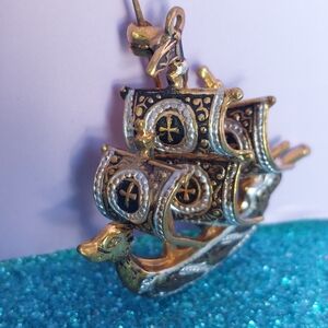 Vintage Damasscene Style Nautical Brooch